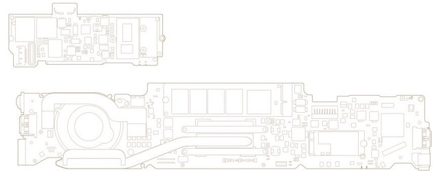 En haut, la carte mère du nouveau MacBook. En bas, celle de l'actuel MacBook Air.