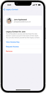 Dans les réglages de contact légataire d’un iPhone, vous pouvez toucher Voir la clé d’accès, Demander l’accès ou Supprimer sous le nom de votre contact.